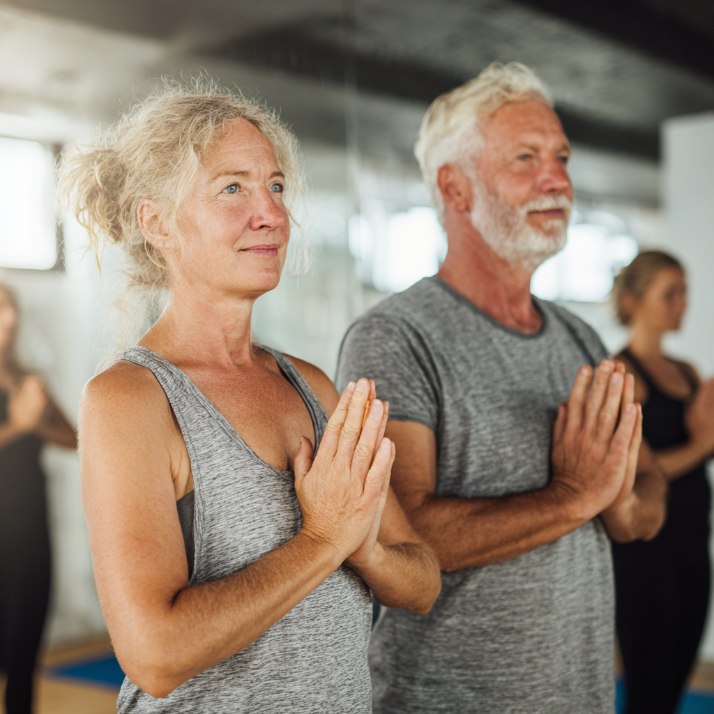 Middle-aged adults experiencing wellness through yoga practice