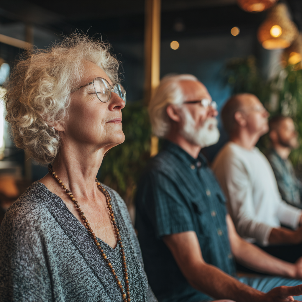 Peaceful meditation space with mature adults practicing mindfulness